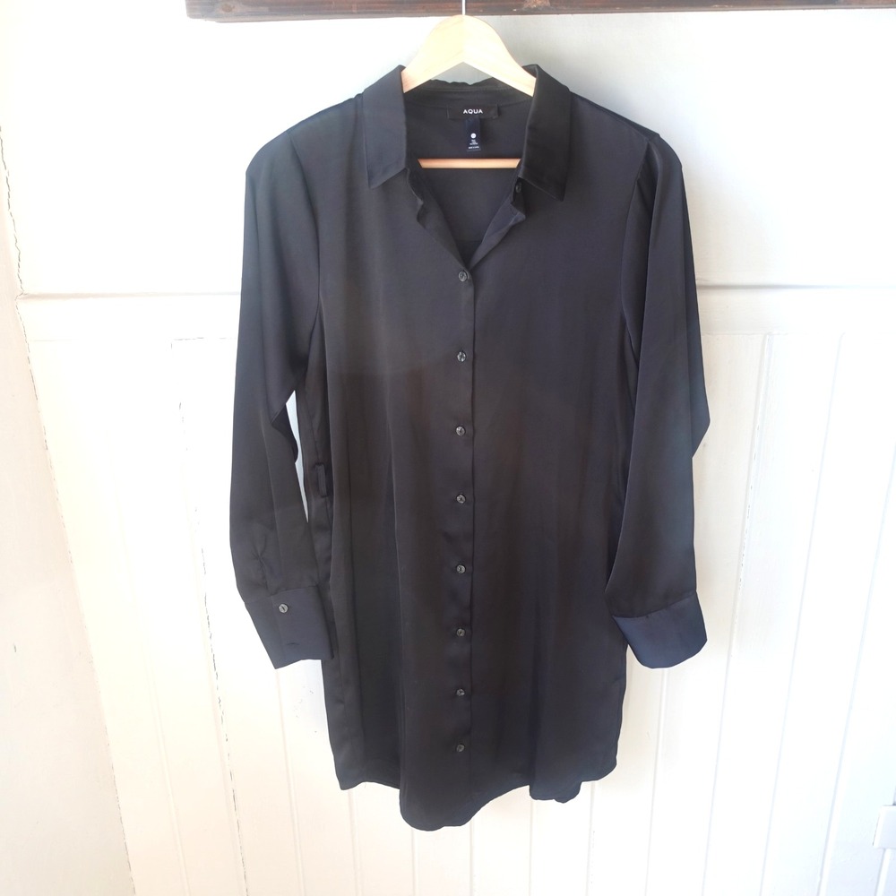 Aqua Shirt‎ Dress Womens XS Black Satin Button Up Mini Minimalist Quiet Luxury